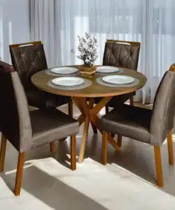 Mesa Redonda Simpatia 108 Cinamono com 4 Cadeiras Yasmim Veludo Marrom – JCM MOVELARIA + KM DECOR