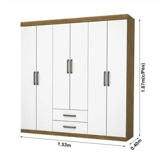 Roupeiro Solteiro Áries Cinamomo/Branco 6 Portas 2 Gavetas C/Pés Larg. 1.53m - Carioca - Imagem 3