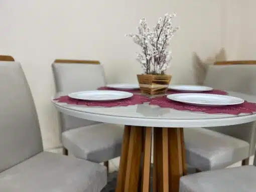 Mesa de Jantar Berlim 1.00x1.00 Redonda Com 4 Cadeiras Napoles/Londres - Cinamomo/Off White/Bege - Imagem 2