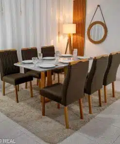 Mesa Pedro Mel Vidro OFF 160×80 6 Cadeiras Genova Veludo Marrom 509 Madeira Maciça Art Assento - Entregue Montada
