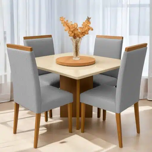 Mesa Salinas 120 Cinamomo/Off White com 4 Cadeiras Samantha 05 Veludo Cinza Prata 1013 – AVALON DECOR + CARVALHO DECOR