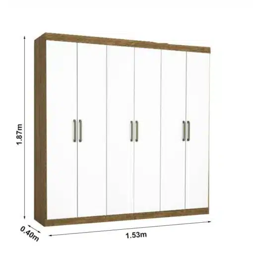 Roupeiro Solteiro Recife Cinamomo/Branco 6 Portas 2 Gavetas  C/Pés Larg. 1.53m - Carioca - Imagem 3