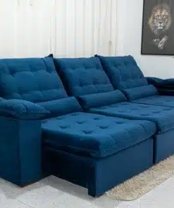 Sofá Retrátil Reclinável Emanuelly 3.20m Veludo Azul 03 - D28 Soft
