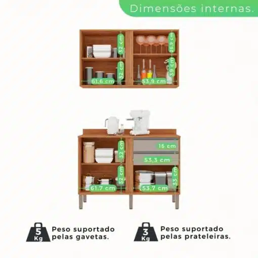 Balcão Pérola Cinamomo/Off 1.20m + Aéreo 2 Portas 1.20m Cinamomo/Off + Armário de Geladeira Pérola Cinamomo - Sallêto - Imagem 4