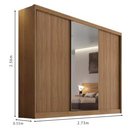 Roupeiro Sollo Plus Ripado 3D Cumaru 3 Pts 6 Gav. C/1Espelho 100% MDF Larg. 2.73m Novo Horizonte - Imagem 3