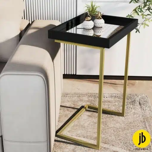 Mesa de Apoio 4774 Luxo Preto c/Espelho Pés Dourado - JB Bechara