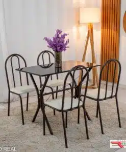 Mesa de Cozinha Base Cabo Frio Marrom Tampo Preto Pedra 100x60 4 Cadeiras Ubatuba Marrom Assento Branco - Teixeira
