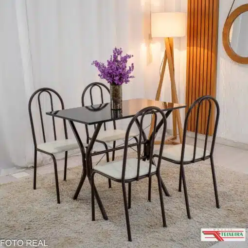 Mesa de Cozinha Base Cabo Frio Marrom Tampo Preto Pedra 100x60 4 Cadeiras Ubatuba Marrom Assento Branco - Teixeira