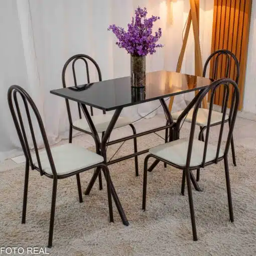 Mesa de Cozinha Base Cabo Frio Marrom Tampo Preto Pedra 100x60 4 Cadeiras Ubatuba Marrom Assento Branco - Teixeira - Imagem 3