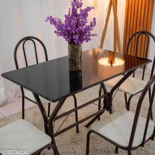 Mesa de Cozinha Base Cabo Frio Marrom Tampo Preto Pedra 100x60 4 Cadeiras Ubatuba Marrom Assento Branco - Teixeira - Imagem 4
