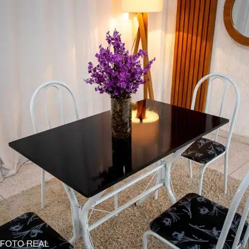 Mesa de Cozinha Base Cabo Frio Branca Tampo Preto Pedra 100x60 4 Cadeiras Ubatuba Branca Assento Preto - Teixeira - Imagem 4