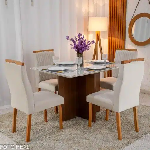 Mesa de Jantar Helo 120×90 Tampo MDF Vidro Off 4 Cad. Genova Veludo Bege 512 Madeira Maciça