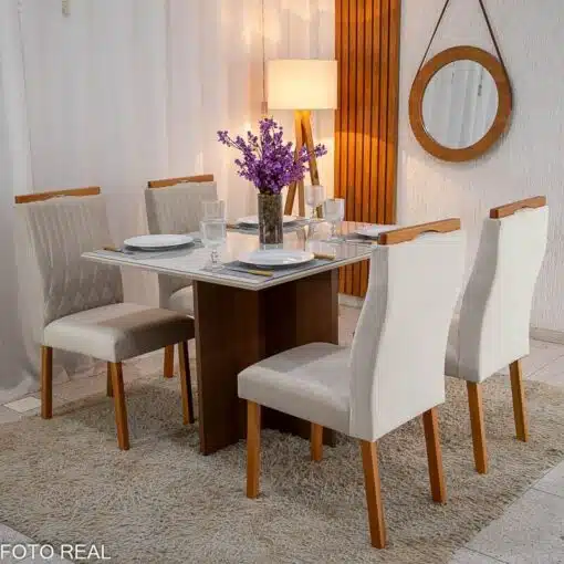 Mesa de Jantar Helo 120×90 Tampo MDF Vidro Off 4 Cad. Genova Veludo Bege 512 Madeira Maciça - Imagem 2