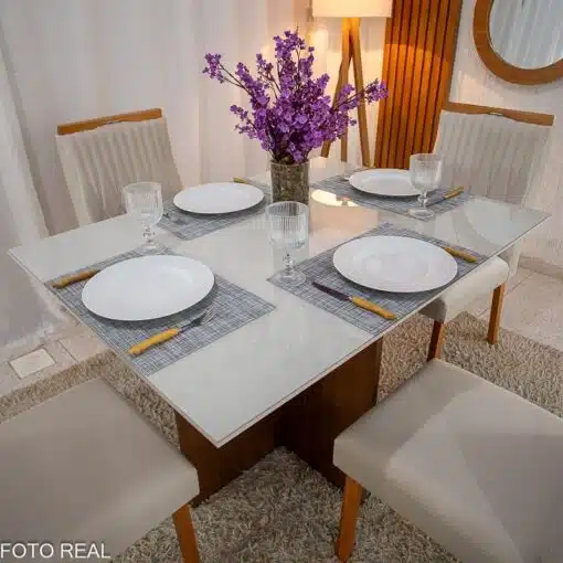 Mesa de Jantar Helo 120×90 Tampo MDF Vidro Off 4 Cad. Genova Veludo Bege 512 Madeira Maciça - Imagem 3