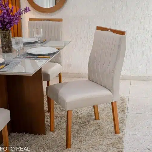 Mesa de Jantar Helo 120×90 Tampo MDF Vidro Off 4 Cad. Genova Veludo Bege 512 Madeira Maciça - Imagem 4