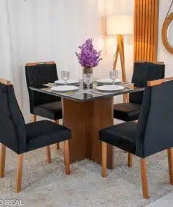Mesa de Jantar Helo 90×90 Tampo MDF Vidro Preto 4 Cad. Lisboa Veludo Preto 504 Madeira Maciça