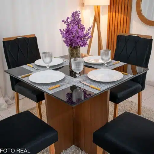 Mesa de Jantar Helo 90×90 Tampo MDF Vidro Preto 4 Cad. Lisboa Veludo Preto 504 Madeira Maciça - Imagem 2