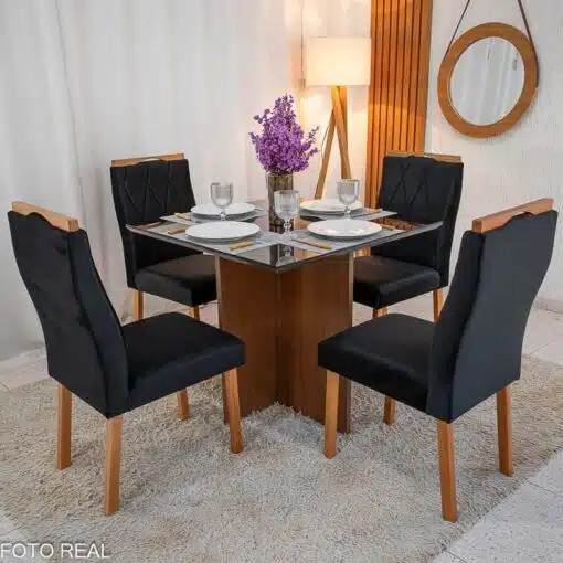 Mesa de Jantar Helo 90×90 Tampo MDF Vidro Preto 4 Cad. Lisboa Veludo Preto 504 Madeira Maciça - Imagem 3
