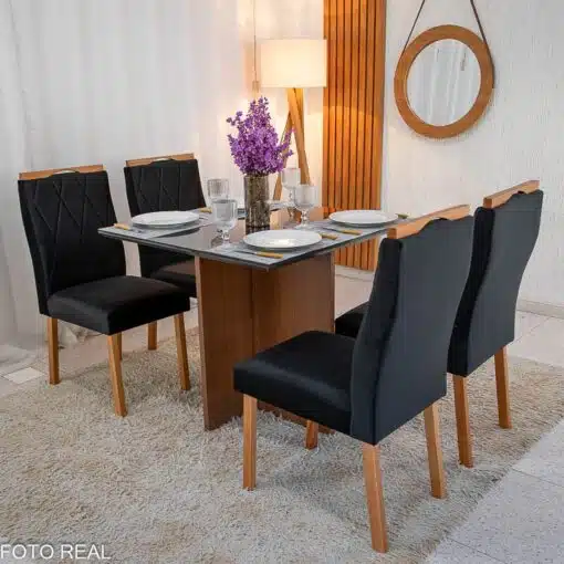 Mesa de Jantar Helo 90×90 Tampo MDF Vidro Preto 4 Cad. Lisboa Veludo Preto 504 Madeira Maciça - Imagem 4