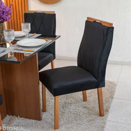 Mesa de Jantar Helo 90×90 Tampo MDF Vidro Preto 4 Cad. Lisboa Veludo Preto 504 Madeira Maciça - Imagem 5