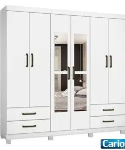 Roupeiro Hercules Branco 6 Portas 4 Gavetas C/ Espelho e Pés Larg. 1.77m - Carioca