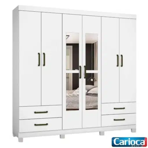Roupeiro Hercules Branco 6 Portas 4 Gavetas C/ Espelho e Pés Larg. 1.77m - Carioca