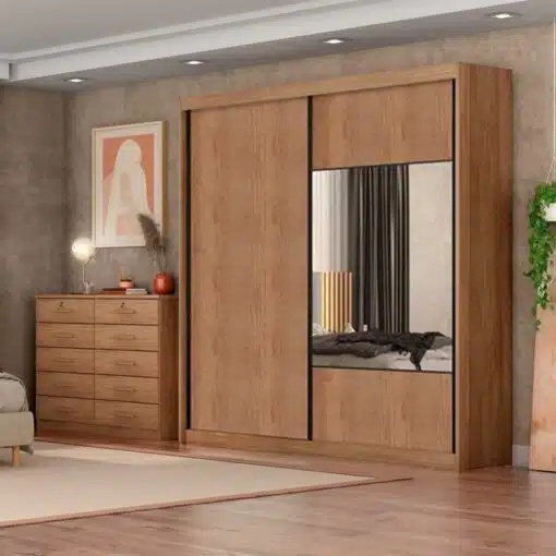 Roupeiro Casal Versatto Cumaru/Fendi C/Espelho 2 Portas 6 Gavetas 100% MDF Larg. 2.08m Flex - Novo Horizonte - Imagem 4