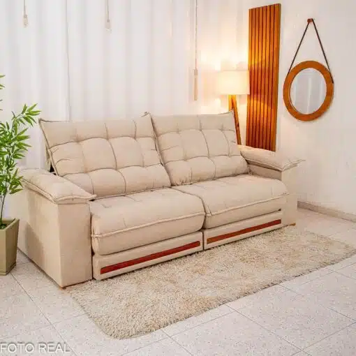 Sofá Retrátil Reclinável Barcelona 2.30m Linho Bege 459 - D33 e Molas Ensacadas Pocket - Imagem 3