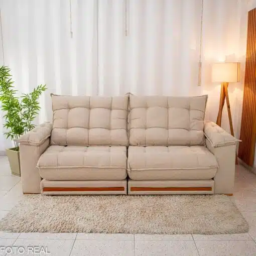 Sofá Retrátil Reclinável Barcelona 2.30m Linho Bege 459 - D33 e Molas Ensacadas Pocket - Imagem 5