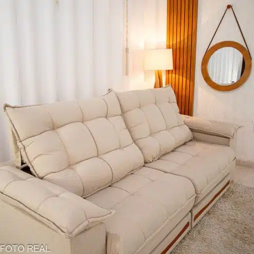 Sofá Retrátil Reclinável Barcelona 2.30m Linho Bege 459 - D33 e Molas Ensacadas Pocket - Imagem 6