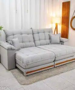 Sofá Retrátil Reclinável Barcelona 2.50m Linho Cinza Claro 461 C/ 2 Almofadas - D33 e Molas Ensacadas Pocket
