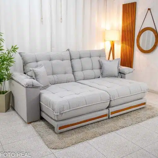 Sofá Retrátil Reclinável Barcelona 2.50m Linho Cinza Claro 461 C/ 2 Almofadas - D33 e Molas Ensacadas Pocket