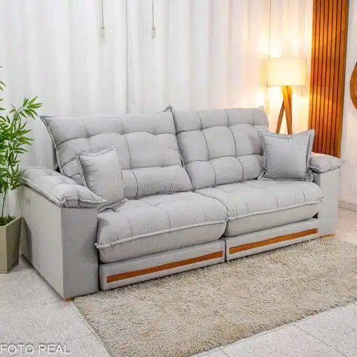 Sofá Retrátil Reclinável Barcelona 2.50m Linho Cinza Claro 461 C/ 2 Almofadas - D33 e Molas Ensacadas Pocket - Imagem 2