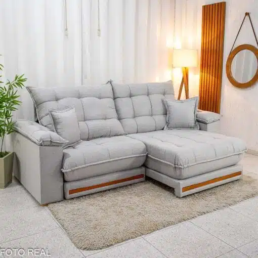 Sofá Retrátil Reclinável Barcelona 2.50m Linho Cinza Claro 461 C/ 2 Almofadas - D33 e Molas Ensacadas Pocket - Imagem 3