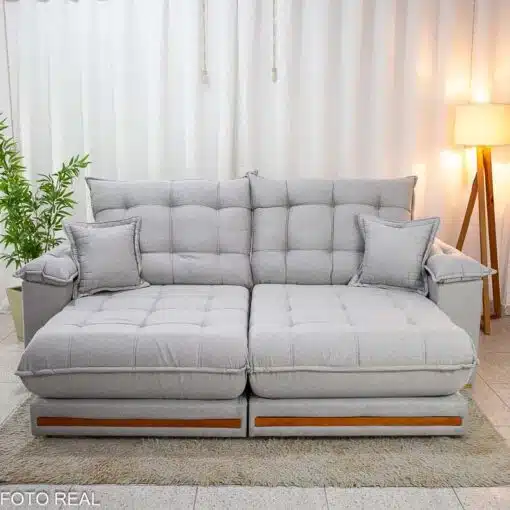 Sofá Retrátil Reclinável Barcelona 2.50m Linho Cinza Claro 461 C/ 2 Almofadas - D33 e Molas Ensacadas Pocket - Imagem 4