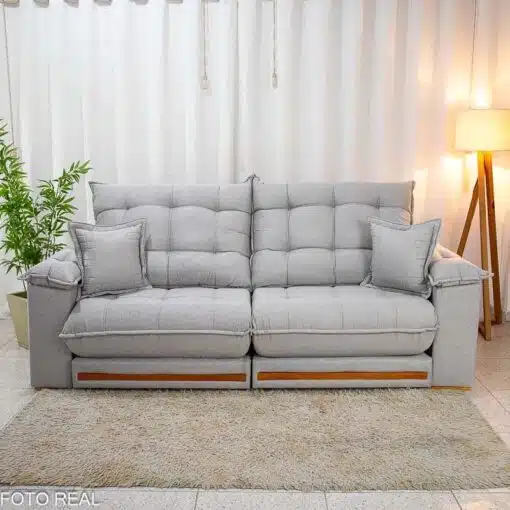 Sofá Retrátil Reclinável Barcelona 2.50m Linho Cinza Claro 461 C/ 2 Almofadas - D33 e Molas Ensacadas Pocket - Imagem 5