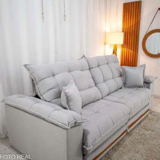 Sofá Retrátil Reclinável Barcelona 2.50m Linho Cinza Claro 461 C/ 2 Almofadas - D33 e Molas Ensacadas Pocket - Imagem 7
