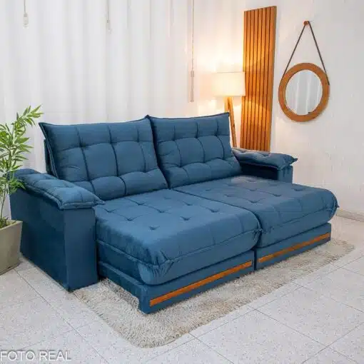 Sofá Retrátil Reclinável Barcelona 2.50m Veludo Azul 325 - D33 e Molas Ensacadas