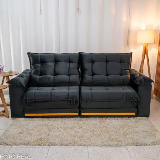 Sofá Retrátil Reclinável Barcelona 2.50m Veludo Preto 322 - D33 e Molas Ensacadas - Imagem 5