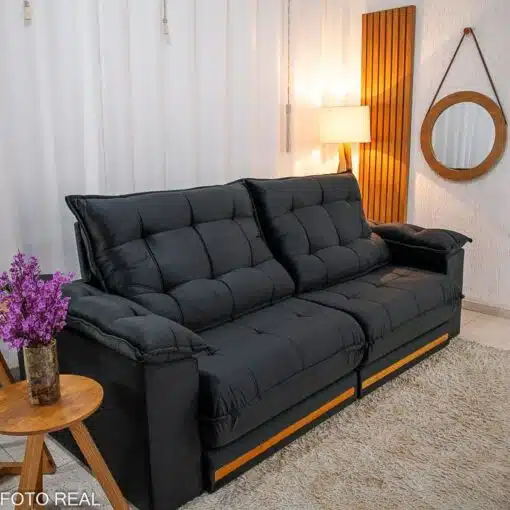 Sofá Retrátil Reclinável Barcelona 2.50m Veludo Preto 322 - D33 e Molas Ensacadas - Imagem 6