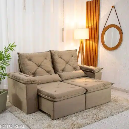 Sofá Retrátil Reclinável City 1.95m Veludo Bege - D28