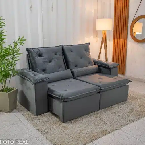 Sofá Retrátil Reclinável City 1.95m Veludo Cinza - D28 - Imagem 3