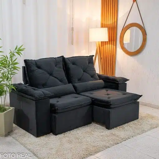 Sofá Retrátil Reclinável City 1.95m Veludo Preto - D28 - Imagem 2