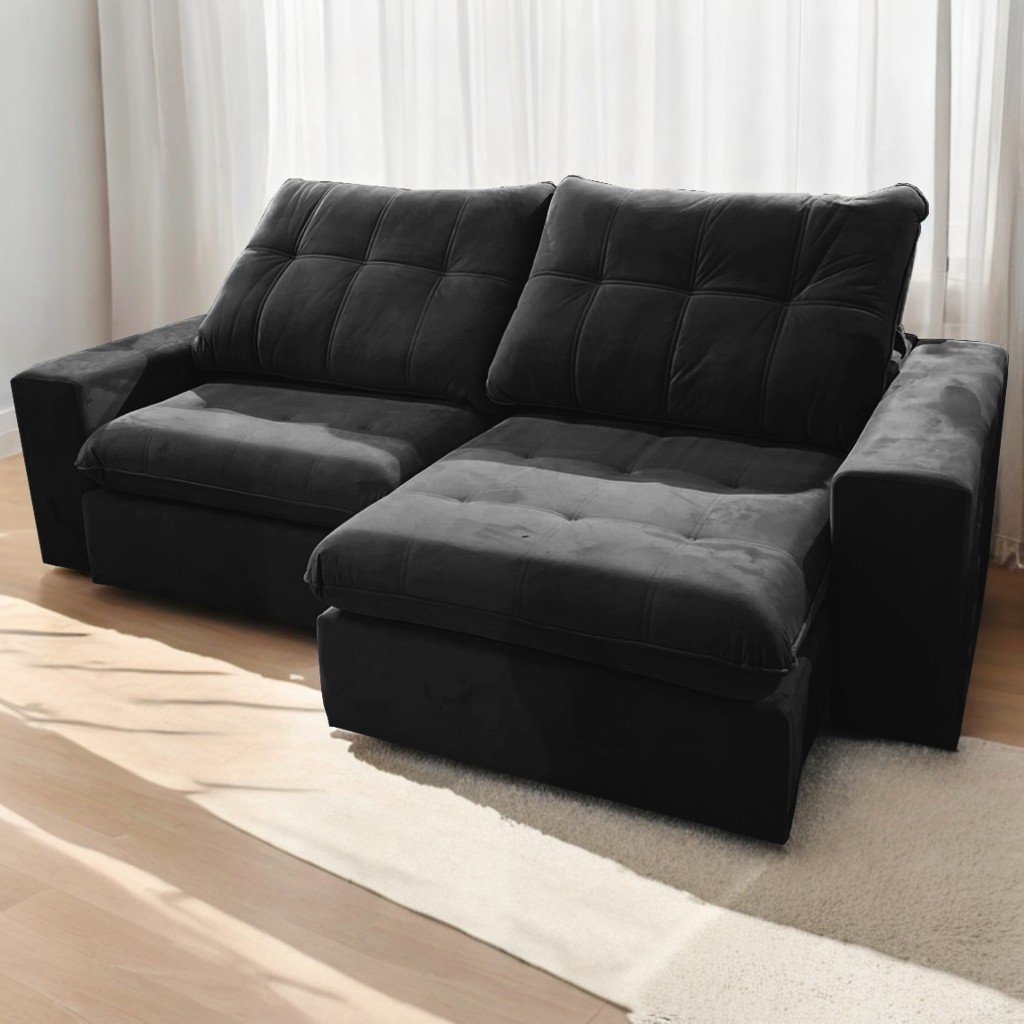 Sofá Retrátil e Reclinável Niterói 2,50 m Veludo Preto - SINGULAR ESTOFADOS
