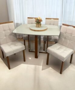 Mesa Atlas Mel/Off White Canto Barril 120×90 com 4 Cadeiras Sophia Mel/Linho Bege 200 – ART ASSENTOS + WM DECOR