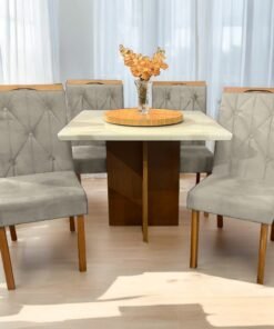 Mesa Salinas 120 Cinamomo/Off White com 4 Cadeiras Yasmim Veludo Bege – AVALON DECOR + KM DECOR
