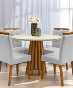 Mesa Redonda Berlim 100 Cinamono/Off White com 4 Cadeiras Sophia Linho Cinza Prata 206 – CEL MÓVEIS + WM DECOR