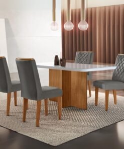 Mesa Berlim 120 Canto Copo Imbuia/Off White com 4 Cadeiras Jade Linho Grafite – RUFATO