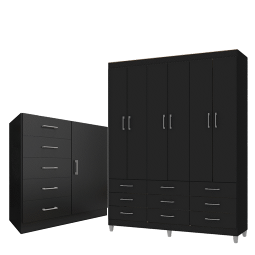Guarda-Roupa 6 Portas Paraty 3690 + Cômoda 5 Gavetas Sapateira Miami Preto - FELLICCI - Imagem 2