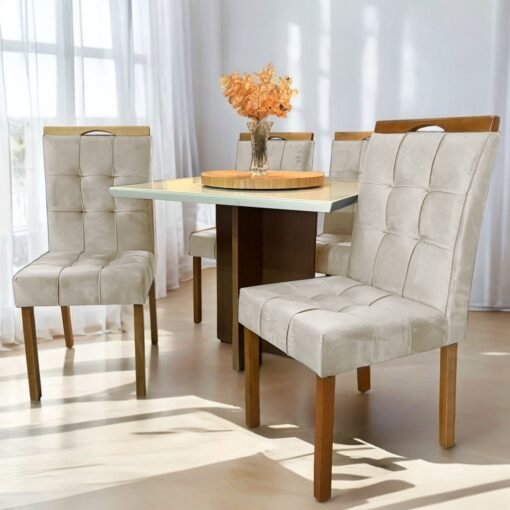 Mesa Salinas 120 Cinamomo/Off White com 4 Cadeiras Sophia Veludo Bege – AVALON DECOR + WM DECOR